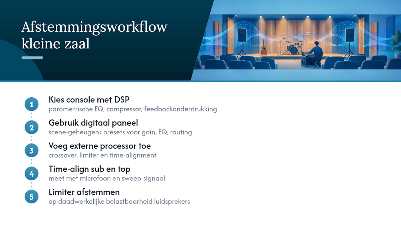 Mixing consoles en processors afstemmen op een kleine zaal — overview diagram