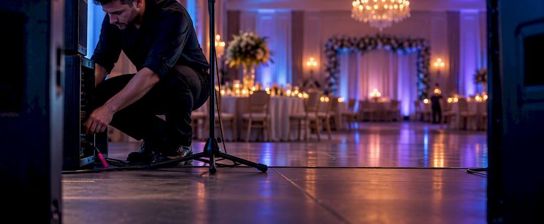 Geluidstest van de geluidsinstallatie in de trouwzaal
