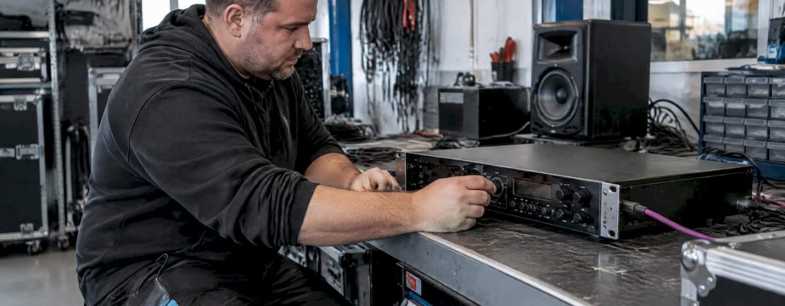 Technicus stelt de DSP-processor voor luidsprekers af