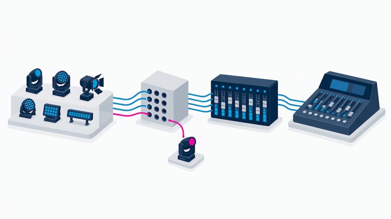 Illustratie van fixturepatch en DMX-signaalketen