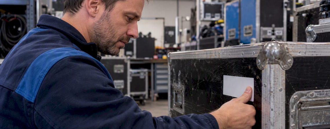 Technicus controleert proeflabel op flightcase