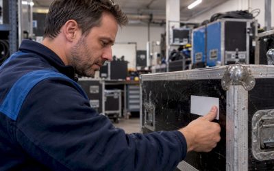 Technicus controleert proeflabel op flightcase