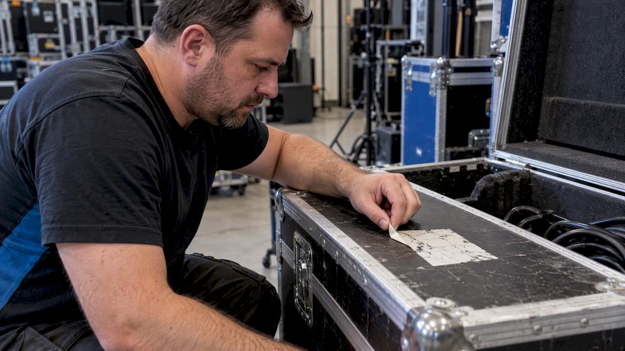 Technicus controleert de hechting van een sticker op een flightcase