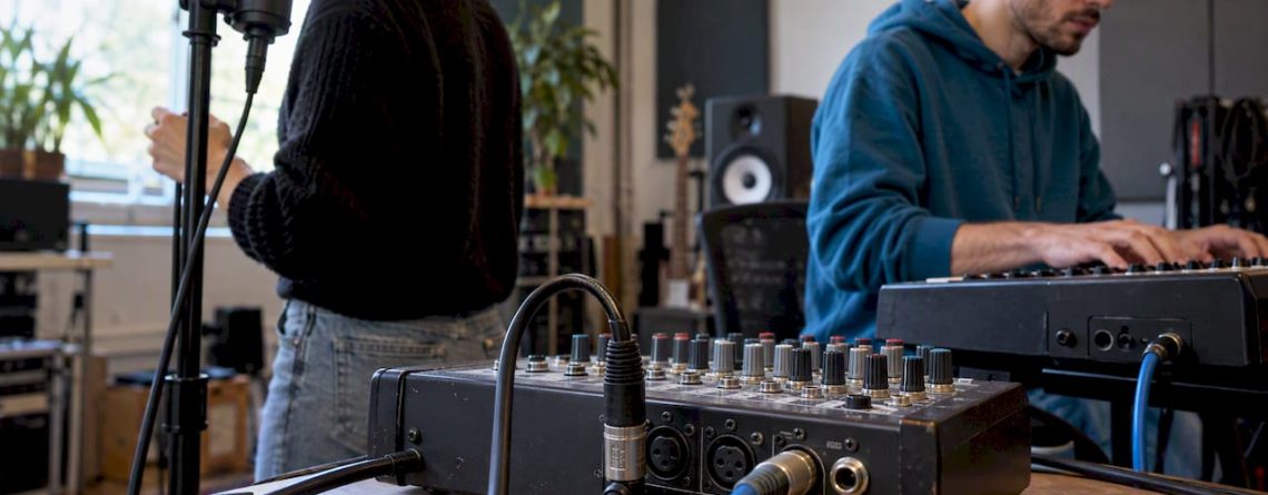 Microfoon en keyboard aangesloten op een mixer