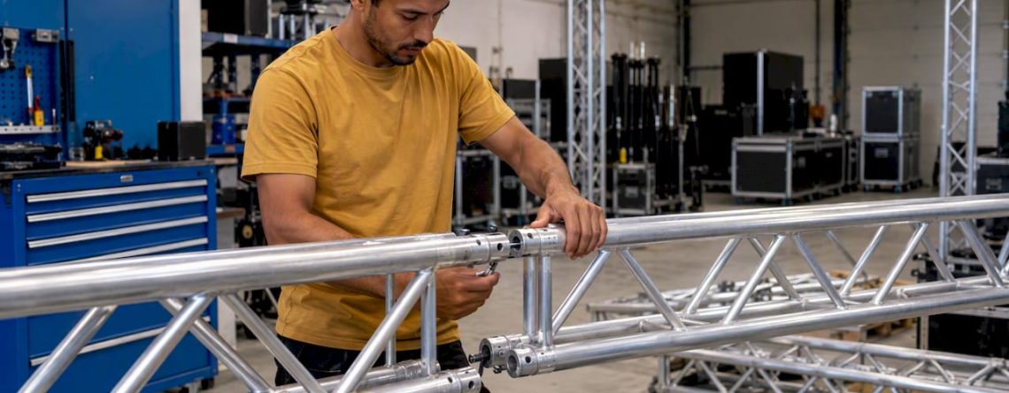 Technicus plaatst trussconstructie met koppelingen